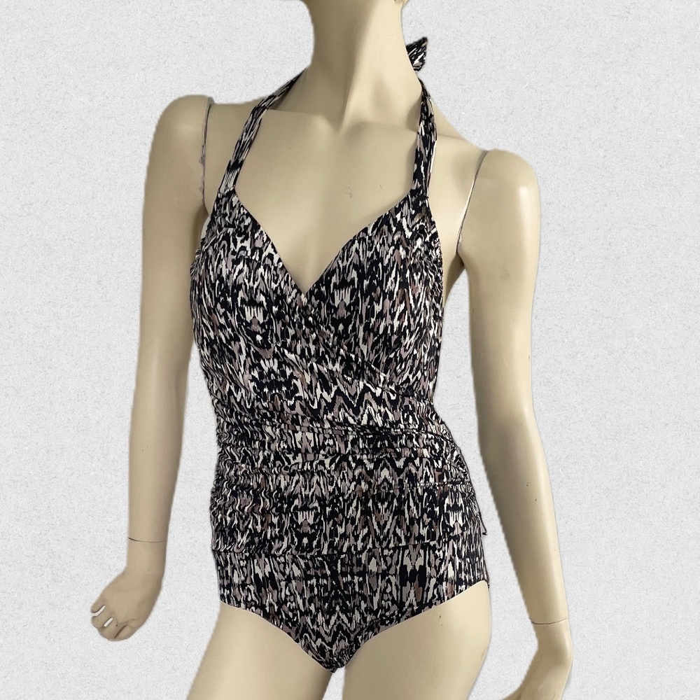 Badgley Mischka One-Piece Halter Bathing Suit, Animal Print Maillot